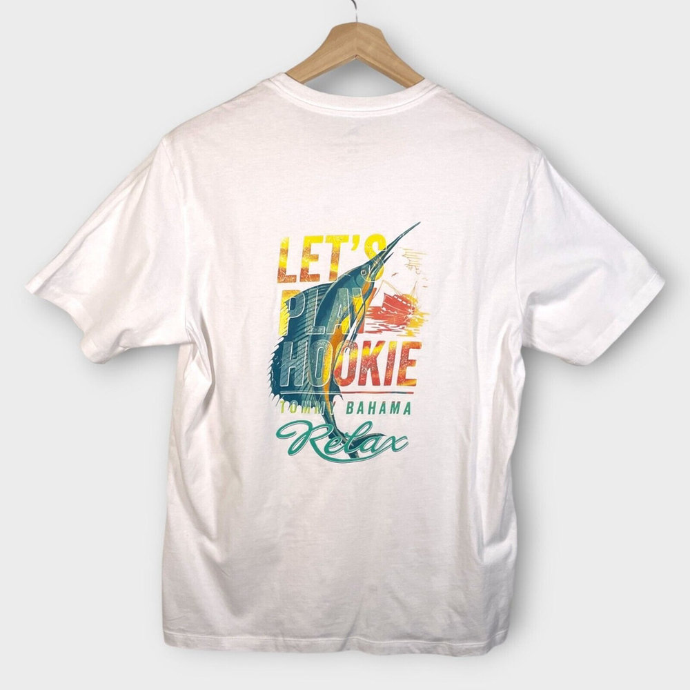 Tommy Bahama T-Shirt Mens MEDIUM White Lets Play Hookie 100% Cotton Fishing